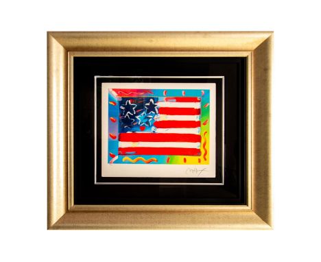 Color serigraph on wove paper of "Flag with Heart VI" depicting the American flag with a red heart placed on a luminous backg
