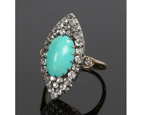 Turquoise and diamond set ring, the naivete head set with a cabochon cut turquoise and diamond set surround, ring size P