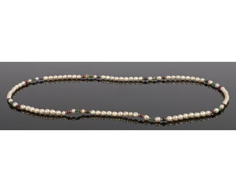 Pearl necklace, with yellow metal, emerald, ruby and sapphire links interspersed between the pearls, 66cm long