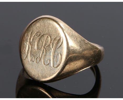 9 carat gold signet ring, KRC to the head, 13.7 grams, ring size 