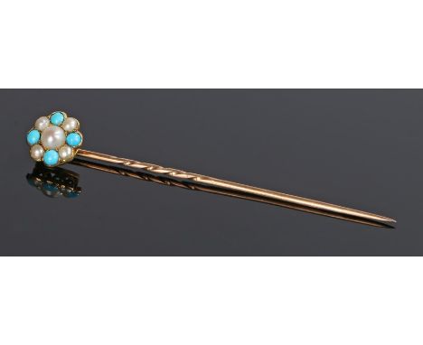 Pearl and turquoise stick pin, with a flower head design