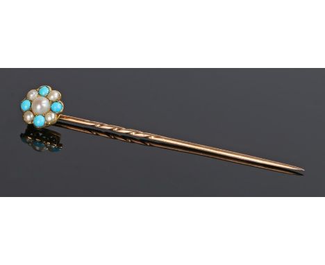 Pearl and turquoise stick pin, with a flower head design