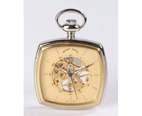 Mount Royal stainless steel pocket watch, the signed engine turned effect dial with Arabic and baton markers, pierced skeleto