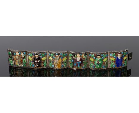 Chinese silver and enamel bracelet, with six arched enamel figural decorated panels and clasp end, 7cm long, housed within th