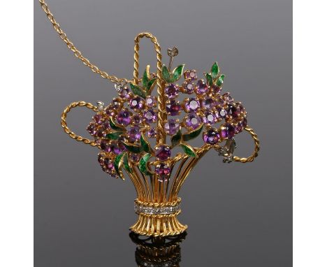 18 carat gold amethyst and diamond set brooch, in the form of a basket of flowers with amethyst and diamond heads and sprigs 