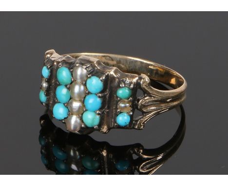 Victorian turquoise and pearl set ring, in yellow metal with rows of turquoise surrounding the pearls, ring size M