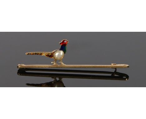 15 carat gold pearl and enamel brooch, with a pheasant to the bar in enamels and a pearl body, 3.1 grams, 52mm long