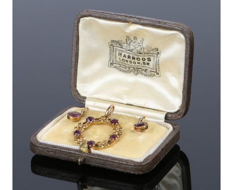 15 carat gold and amethyst jewellery suite, with a pendant set with five amethyst to the pendant and amethyst drop earrings, 