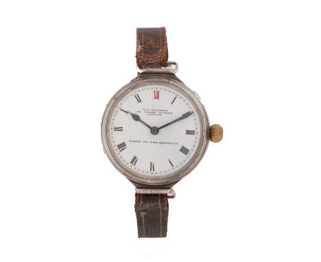 Silver  gentleman's trench style wristwatch, the white dial with retailer name "W.A. Watkins 39 Carey Street London, maker to