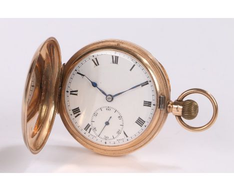 J.W. Benson London 9 carat gold hunter pocket watch, with plain outer case, the white enamel dial with Roman numerals and sub