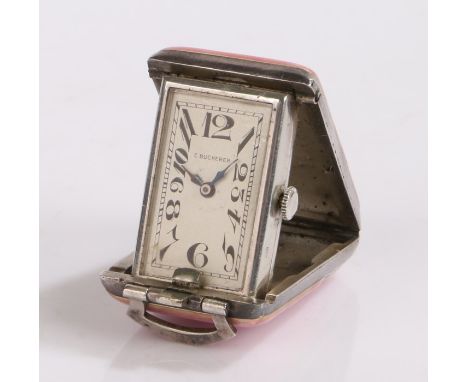 C. Bucherer puce enamel decorated folding watch, circa 1930, the engine turned puce enamel exterior with paste decoration and