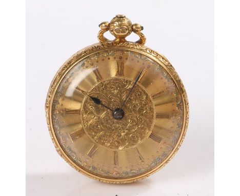 Spiegelhalter of Whitby 18 carat gold open face pocket watch, the engine turned dial with Roman numerals and foliate decorati