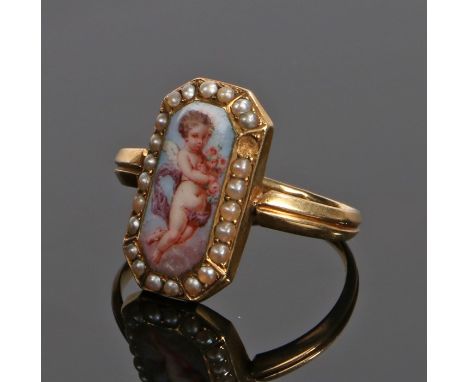 French 18 carat gold and enamel ring, the enamel panel with cupid between pearls, ring size M