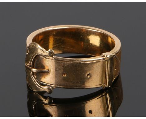 Victorian 18 carat gold belt buckle ring, with a wide buckle and belt strap, Basil engraved to the rear, 3.8 grams, ring size