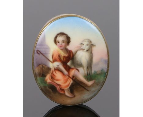 19th Century enamel panel, depicting a young shepherd and a lamb in a landscape, 37mm high