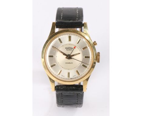 Roamer Alarm gentleman's gold plated wristwatch, the signed silver dial with baton markers, subsidiary red alarm hand, manual