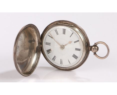 Victorian silver hunter pocket watch, the case London 1855, with engine turned decoration and vacant shield scrolled cartouch