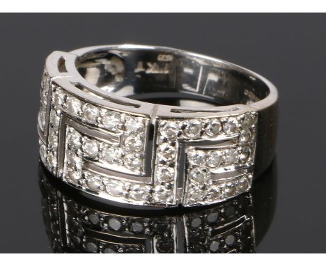 18 carat white gold diamond set ring, Greek key design set with diamonds, ring size Q