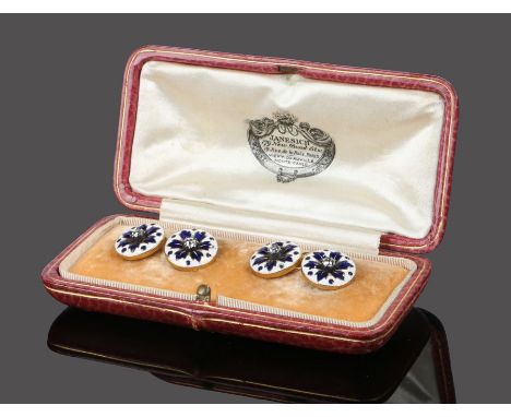 Pair of diamond and enamel cufflinks, with round cut diamond heads with blue and white foliate enamel backs, 13mm diameter, h
