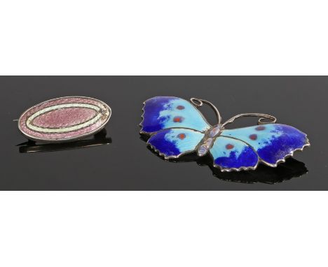 Silver and enamel brooch, in the form of a butterfly, together with another enamel example, (2)