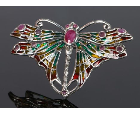 Plique a Jour enamel brooch, in the form of a butterfly set on silver, 60mm diameter 