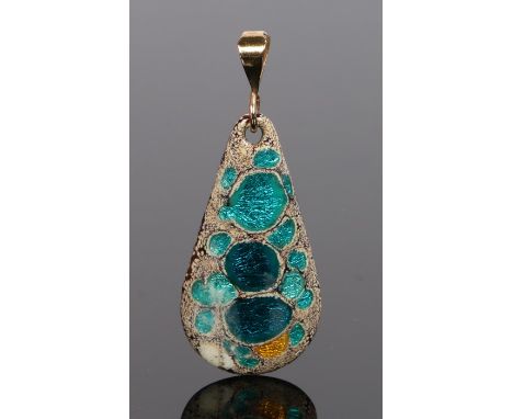 Limoges enamel pendant, with turquoise and white arched tapering pendant signed to the back H Betourue Limoges, 40mm high exc