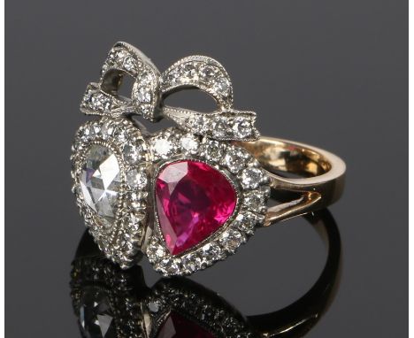 Fine Burmese and diamond set dual heart ring, the Burmese ruby at 1 carat with an opposing diamond below a diamond set bow, r