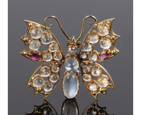 Diamond ruby and moonstone set brooch, in the form of a butterfly set with the gemstones, 37mm diameter 