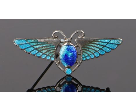 Charles Horner silver and enamel brooch, with a stylised beetle in blue and turquoise enamel, 45mm wide