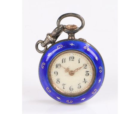 Blue enamel and .800 gold pocket watch, the white dial with Arabic markers, the bezel and caseback decorated in blue enamel w