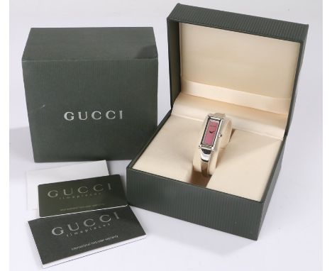Gucci ladies wristwatch, the mother of pearl effect dial with arrow hands, the case 14mm wide, housed in original box with wa