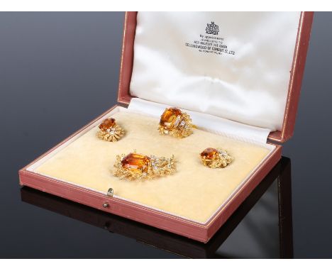 Impressive citrine and diamond set jewellery suite, with a ring, earrings and brooch set with orange citrines and diamonds, t