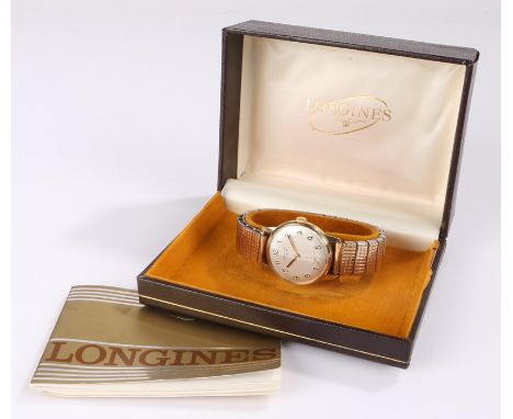 Longines 9 carat gold gentleman's wristwatch, the signed silver dial with Arabic numerals and subsidiary seconds dial, the ca