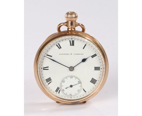 9 carat gold open face pocket watch, the white enamel dial with Roman numerals, subsidiary seconds dial and retailers name Sa