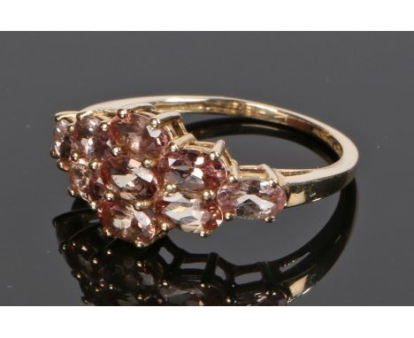 9 carat gold ring, set to the head with nine gemstones to the head, ring size O
