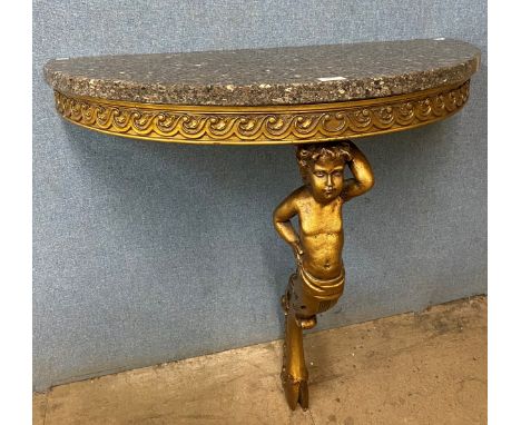 An Italian style gilt and marble topped demi-lune console table 