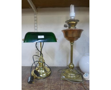 A brass bankers lamp and one a brass and copper table lamp 