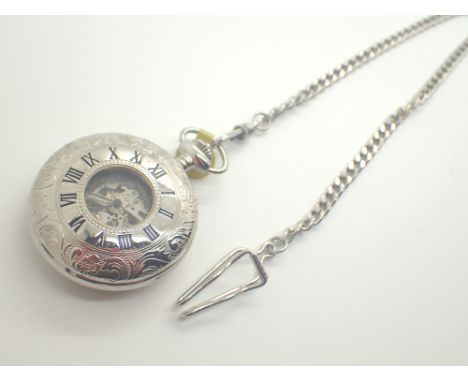 Rotary skeleton front and back manual wind demi-hunter pocket watch with chain