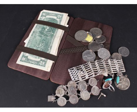 A silver gate bracelet, silver ring, earrings etc together with a quantity of UK and foreign coins/notes (some silver)