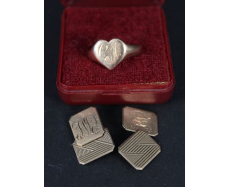 A 15ct gold heart shaped signet ring, size U with engraved initials and a pair of 9ct gold cufflinks with engine turned decor