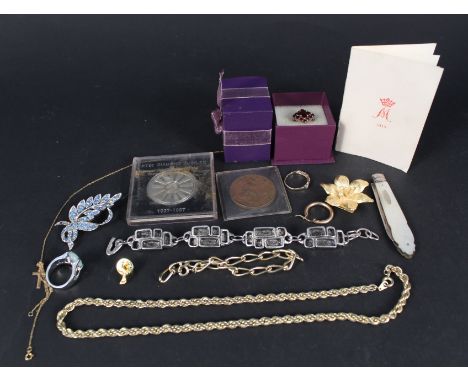 A silver and mother of pearl fruit knife, 1858 penny, 9ct gold stone set ring (as found) etc