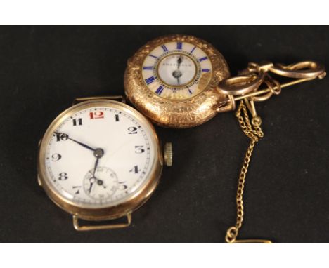 A 9ct gold cased gents wristwatch (case and dial as found), a continental 14ct gold cased half Hunter fob watch suspended fro