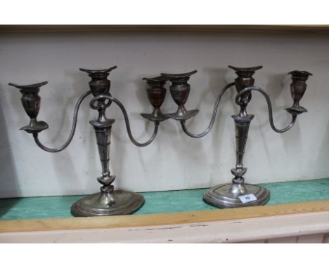 A pair of 19th Century Adam style three light silver plated on copper candelabra with reeded decoration and detachable sconce