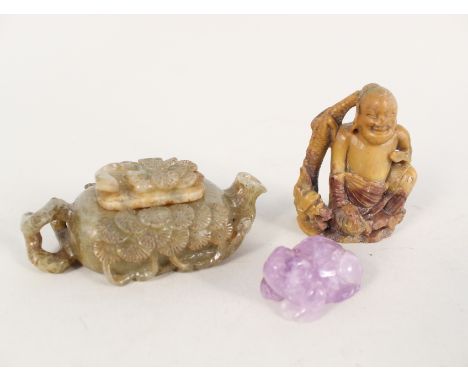 A Chinese hard stone Prunus blossom wine pot and cover plus an amethyst toad