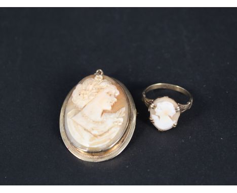 A 9ct gold ring set with cameo and a cameo brooch with 9ct gold frame