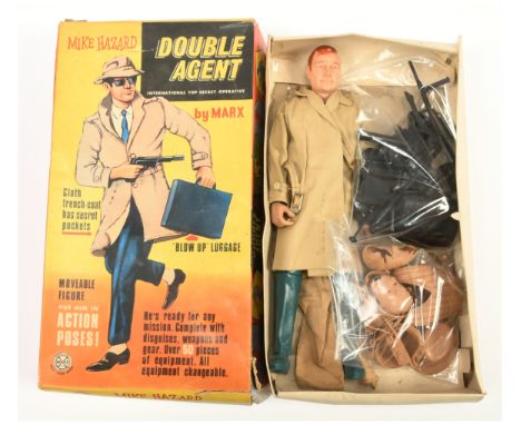 Marx vintage Mike Hazard Double Agent 12" action figure, includes large quantity of accessories, unchecked for completeness, 