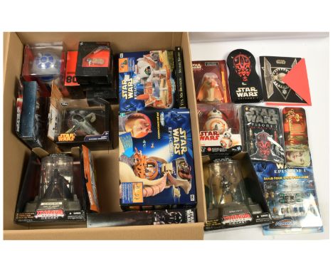 Quantity of modern Star Wars collectibles x22, Includes Titanium series Boba Fett and Darth Vader, Micromachines Podracers Ar