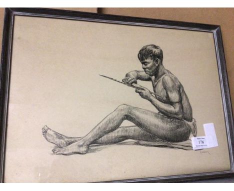 A modern offset lithographic print, Man Carving Spearhead (32cm x 44cm)