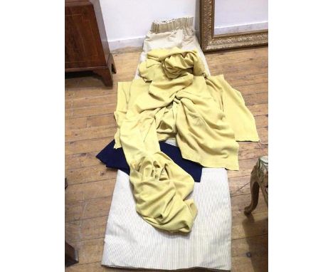 Textiles: a single curtain in striped fabric (drop 2m), a small quantity of dark blue felt and a pair of mustard curtains (a 