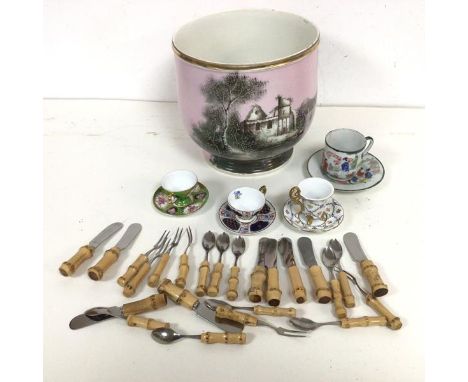 A large footed flower bowl depicting a Ruined Building by a Lake (19cm x 20cm), a Japanese small cup and saucer and three Eur